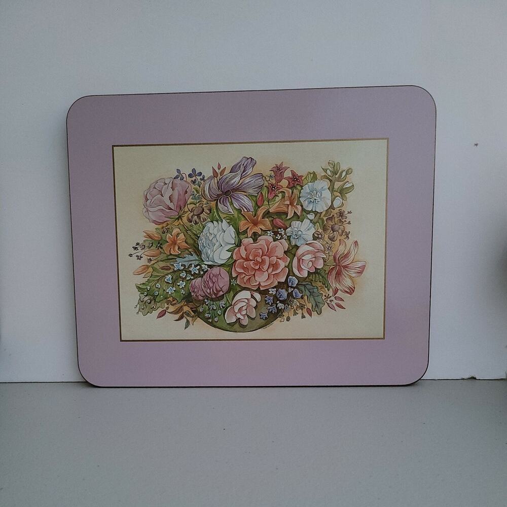 Vtg Lunden Ltd. Cork Placemats Antique Bouquets Set Of 4 Floral Lavender 11"×9"